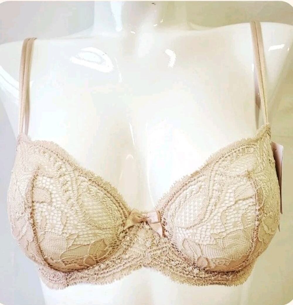 NEW Simone Pelere 12E330 Eden Underwire Plunge Demi Bra Size 34D Beige Lace